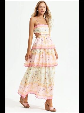 Fleur Rétro Pink & Cream Tiered Maxi dress